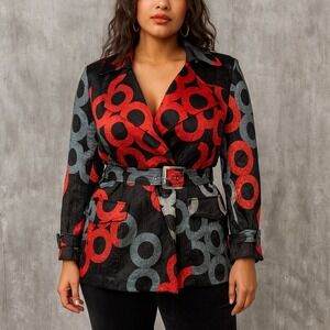 Jerry T XXL Blazer Jacket Belted Black Red Gray Geometric Circle Print Mod Retro